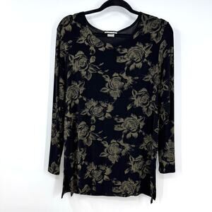 VTG Y2K Es Se Dark Floral Top Shirt L Black Slinky Knit Long Sleeve Witchy Vamp